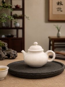 Ấm tặng cha mẹ – ấm Đoạn Nê trắng trên khay đá